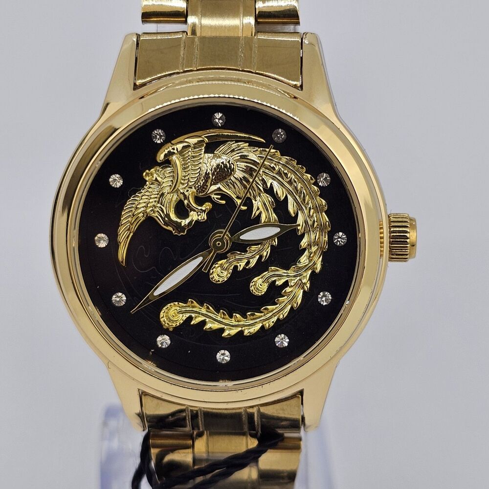 Dragon‎ Women's Watch 34MM Black Dial Gold Bracelet Band 8" Wrist New Battery
